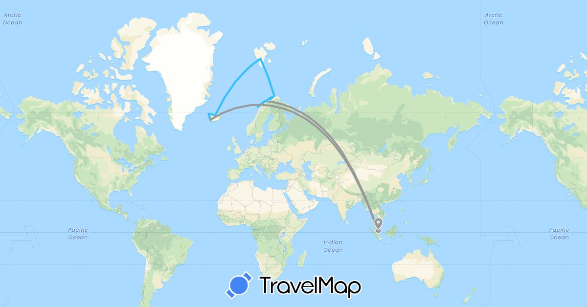 TravelMap itinerary: driving, plane, boat in Iceland, Norway, Singapore (Asia, Europe)